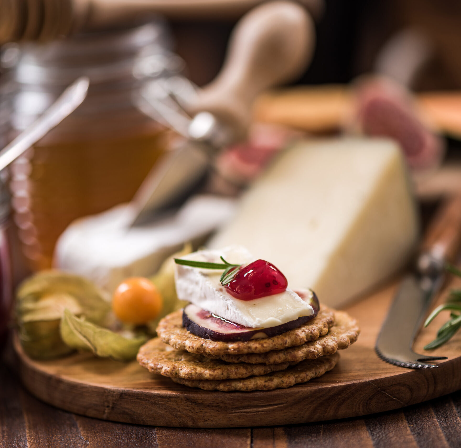 Cheese,crackers,with,camembert,cranberry,fig,and,herb.,festive,and,chrstmas,food.